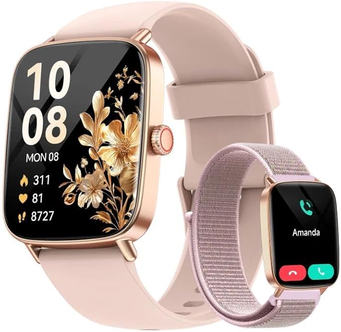 Smart Watch for Women, 1.85" HD Smartwatch Compatible iPhone/Samsung/Android (Answer/Make Calls), 100+ Sport Modes Fitness Tracker with Heart Rate/Sleep/SpO2 Monitor, IP68 Waterproof, with 2 Bands